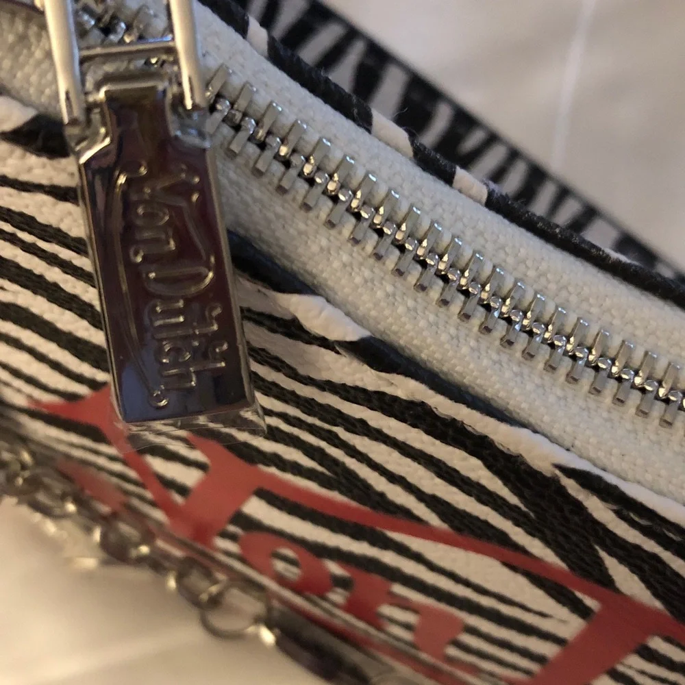 Von Dutch Zebra Print Shoulder Bag Red Trim & Logo Silver Chain + Wrench NWT